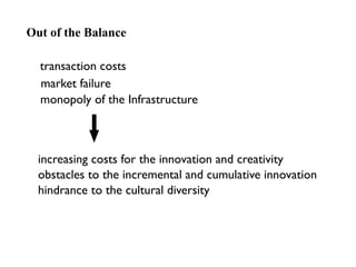 Out of the Balance 
transaction costs 
market failure 
monopoly of the Infrastructure 
increasing costs for the innovation...