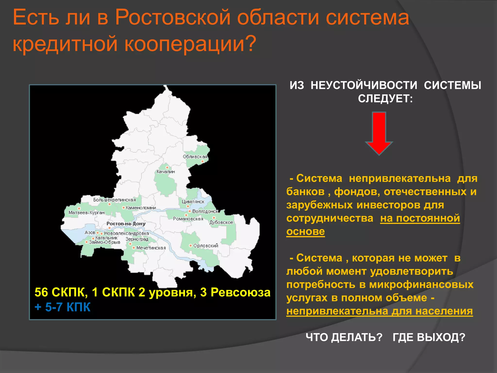 Есть ли в Ростовской области система 
кредитной кооперации? 
56 СКПК, 1 СКПК 2 уровня, 3 Ревсоюза 
+ 5-7 КПК 
ИЗ НЕУСТОЙЧИВОСТИ СИСТЕМЫ 
СЛЕДУЕТ: 
- Система непривлекательна для 
банков , фондов, отечественных и 
зарубежных инвесторов для 
сотрудничества на постоянной 
основе 
- Система , которая не может в 
любой момент удовлетворить 
потребность в микрофинансовых 
услугах в полном объеме - 
непривлекательна для населения 
ЧТО ДЕЛАТЬ? ГДЕ ВЫХОД? 
 