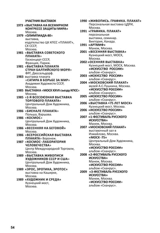 УЧАСТНИК ВЫСТАВОК 
1973 «Выставка на Всемирном 
конгрессе защиты Мира» 
Москва. 
1979 «ОЛИМПИАДА-80» 
выставка, 
издательство ЦК КПСС «ПЛАКАТ», 
СХ СССР, 
Москва. 
1981 «Выставка советского 
плаката» 
Госконцерт СССР, 
Франция, Париж. 
1981 «выставка плаката 
стран Балтийского моря» 
ФРГ, Дюссельдорф. 
1983 выставка плаката 
«Сатира в борьбе за мир» 
Академия Художеств СССР, 
Москва. 
1985 выставка «МОСХ ХХVII съезду КПСС» 
Москва. 
1985 «1-я Всесоюзная выставка 
торгового плаката» 
Центральный Дом Художника, 
Москва. 
1986 «Биенале плаката» 
Польша, Варшава. 
1986 «Космос» 
Центральный Дом Художника, 
Москва. 
1986 «Весенняя на Беговой» 
Москва. 
1986 «Всероссийская выставка 
плаката» Воронеж. 
1987 «Космос- лаборатория 
человечества» 
Центр Международной Торговли, 
Москва. 
1989 «Выставка живописи 
художников СССР и США» 
Центральный Дом Художника, 
Москва. 
1989 «Эрос, эротика, эротос» 
выставка на Каширке, 
Москва. 
1989 «Художник и среда» 
Кузнецкий мост, 
Москва. 
1990 «Живопись. Графика. Плакат» 
Персональная выставка ЦДРИ, 
Москва. 
1991 «Графика. Плакат» 
персональная 
выставка, семинар. 
Виктория, Канада. 
1991 «АРТМИФ» 
Манеж, Москва. 
2001 «Весенняя выставка» 
Кузнецкий мост, МОСХ, 
Москва. 
2002 «Осенняя выставка» 
Кузнецкий мост, МОСХ, Москва. 
«ИСКУССТВО РОССИИ» 
альбом «Сканрус». 
2003 «ИСКУССТВО РОССИИ» 
альбом «Сканрус». 
2004 «Московский плакат» 
музей А.С.Пушкина, Москва. 
«ИСКУССТВО РОССИИ» 
альбом «Сканрус». 
2005 «ИСКУССТВО РОССИИ» 
альбом «Сканрус». 
2006 «Выставка «75 лет МОСХ» 
Кузнецкий мост, Москва. 
2006 «ИСКУССТВО РОССИИ» 
альбом «Сканрус». 
2007 «1-ФЕСТИВАЛЬ РУССКОГО 
ИСКУССТВА» 
Манеж, Москва. 
2007 «МОСКОВСКИЙ ПЛАКАТ» 
выставочный зал в 
Измайлово, Москва. 
«МОСХ -75» 
Центральный Дом Художника, 
Москва. 
«ИСКУССТВО РОССИИ» 
альбом «Сканрус». 
2008 «2-ФЕСТИВАЛЬ РУССКОГО 
ИСКУССТВА» 
Манеж, Москва. 
«ИСКУССТВО РОССИИ» 
альбом «Сканрус». 
2009 «3-ФЕСТИВАЛЬ РУССКОГО 
ИСКУССТВА» 
Манеж, Москва. 
«ИСКУССТВО РОССИИ» 
альбом «Сканрус». 
54 
 
