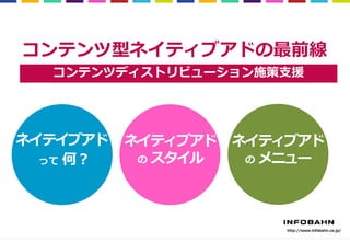 1 
http://www.infobahn.co.jp/ 
コンテンツディストリビューション施策支援 
ネイティブアド 
のスタイル 
ネイテイブアド 
って何？ 
ネイティブアド 
のメニュー 
コンテンツ型ネイティブアドの最前線  