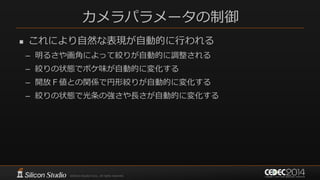 カメラパラメータの制御
 これにより自然な表現が自動的に行われる
– 明るさや画角によって絞りが自動的に調整される
– 絞りの状態でボケ味が自動的に変化する
– 開放Ｆ値との関係で円形絞りが自動的に変化する
– 絞りの状態で光条の強さや長さが自動的に変化する
 