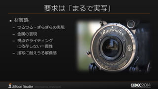 要求は「まるで実写」
 材質感
– つるつる・ざらざらの表現
– 金属の表現
– 視点やライティング
に依存しない一貫性
– 接写に耐えうる解像感
 