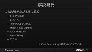 解説概要
 絵が出来上がる順に解説
– レンダラ概要
– GIベイク
– マテリアルシステム
– Image-Based Lighting
– Local Reflection
– Anti-Aliasing
– まとめ
※ Post Processingの解説はさらにその後
 