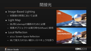 間接光
 Image-Based Lighting
– 材質感の再現において必須
 Light Map
– IBL用Cubemapの撮影のために必要
– 背景オブジェクトは実行時もDiffuseに使用
 Local Reflection
– a.k.a. Screen-Space Reflection
– IBLで捉えられない細かいスペキュラを扱う
IBL
IBL+
Local Reflection
 