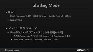 Shading Model
 BRDF
– Cook-Torrance (NDF – GGX, G Term – Smith, Fresnel –Shlick)
– Lambertian
 マテリアルパラメータ
– Unreal Engine 4のパラメータセットを使用[Karis13]
• ただしRoughness の代わりにShininess (=1-Roughness)を使用
• BaseColor / Normal / Shininess / Metallic / Cavity
 