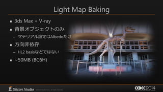 Light Map Baking
 3ds Max + V-ray
 背景オブジェクトのみ
– マテリアル設定はAlbedoだけ
 方向非依存
– HL2 basisなどではない
 ~50MB (BC6H)
 