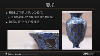 要求
 複雑なマテリアルの表現
– 光沢感の違いや金属/非金属の混在など
 接写に耐えうる解像感
 
