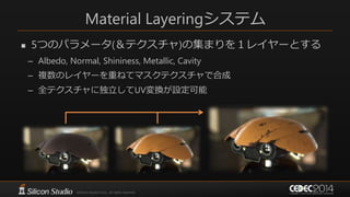 Material Layeringシステム
 5つのパラメータ(＆テクスチャ)の集まりを１レイヤーとする
– Albedo, Normal, Shininess, Metallic, Cavity
– 複数のレイヤーを重ねてマスクテクスチャで合成
– 全テクスチャに独立してUV変換が設定可能
 