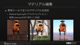 マテリアル編集
 専用ツールで全てのマテリアルを設定
– Material layering＆リアルタイムプレビュー
– 環境Cubemapを切り替えつつ設定
 