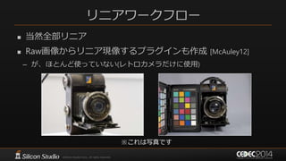 リニアワークフロー
 当然全部リニア
 Raw画像からリニア現像するプラグインも作成 [McAuley12]
– が、ほとんど使っていない(レトロカメラだけに使用)
※これは写真です
 