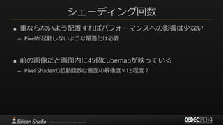 シェーディング回数
 重ならないよう配置すればパフォーマンスへの影響は少ない
– Pixelが起動しないような最適化は必要
 前の画像だと画面内に45個Cubemapが映っている
– Pixel Shaderの起動回数は画面の解像度×1.5程度？
 