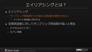 エイリアシングとは？
 エイリアシング
– サンプリング周波数の1/2を超える周波数を表現できない
• ナイキスト周波数と呼ばれる
 空間周波数に対してサンプリング周波数が低いと発生
– ピクセルのジャギー
– モアレ現象
 