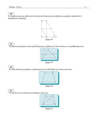 Σαξάθεο Γηάλλεο 11 
38 
Αλ ηξαπέδην έρεη κηα νξζή γσλία ,ζα έρεη θαη δεύηεξε γσλία νξζή θαη νλνκάδεηαη νξζνγώλην ή 
δηζνξζνγώλην ηξαπέδην. 
Σρήκα 38 
39 
Η δηάκεζνο ηξαπεδίνπ είλαη παξάιιειε πξνο ηηο βάζεηο ηνπ θαη ηζνύηαη κε ην εκηάζξνηζκα ηνπο. 
Σρήκα 39 
40 
Σε θάζε ηζνζθειέο ηξαπέδην νη πξνζθείκελεο ζε θάζε βάζε ηνπ γσλίεο είλαη ίζεο. 
Σρήκα 40 
41 
Οη δηαγώληεο ηνπ ηζνζθεινύο ηξαπεδίνπ είλαη ίζεο. 
Σρήκα 41 
 
