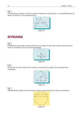 12 Σαξάθεο Γηάλλεο 
42 
Τν επζύγξακκν ηκήκα πνπ ζπλδέεη ηα κέζα ησλ δηαγσλίσλ ελόο ηξαπεδίνπ , είλαη παξάιιειν πξνο ηηο 
βάζεηο θαη ηζνύηαη κε ηελ εκηδηαθνξά ηνπο. 
Σρήκα 42 
43 
Η θάζεηε πνπ άγεηαη από ην θέληξν θύθινπ ζε κηα ρνξδή ηνπ πεξλά από ην κέζν απηήο θαη από ην 
κέζν ηνπ αληίζηνηρνπ ηόμνπ θαη ιέγεηαη απόζηεκα. 
Σρήκα 43 
44 
Σε ίζα ηόμα ηνπ ίδηνπ θύθινπ ή ίζσλ θύθισλ αληηζηνηρνύλ ίζεο ρνξδέο ,ίζα απνζηήκαηα θαη 
αληίζηξνθα. 
Σρήκα 44 
45 
Γύν παξάιιειεο ρνξδέο ηνπ ίδηνπ θύθινπ ,νξίδνπλ κεηαμύ ηνπο δύν ίζα ηόμα θαη αληίζηξνθα. 
Σρήκα 45 
 