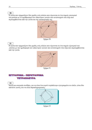14 Σαξάθεο Γηάλλεο 
50 
Η γσλία πνπ ζρεκαηίδνπλ δύν ρνξδέο ελόο θύθινπ πνπ ηέκλνληαη ζε έλα ζεκείν εζσηεξηθό 
ηνπ,ηζνύηαη κε ην εκηάζξνηζκα ησλ επίθεληξσλ γσληώλ πνπ αληηζηνηρνύλ ζηα ηόμα πνπ 
πεξηιακβάλνληαη από ηελ γσλία θαη ηελ θαηαθνξπθήλ ηεο. 
Σρήκα 50 
51 
Η γσλία πνπ ζρεκαηίδνπλ δύν ρνξδέο ελόο θύθινπ πνπ ηέκλνληαη ζε έλα ζεκείν εμσηεξηθό ηνπ 
,ηζνύηαη κε ηελ εκηδηαθνξά ησλ επίθεληξσλ γσληώλ πνπ αληηζηνηρνύλ ζηα ηόμα πνπ πεξηιακβάλνληαη 
από ηελ γσλία. 
Σρήκα 51 
52 
Ιθαλή θαη αλαγθαία ζπλζήθε ,γηα λα είλαη έλα θπξηό ηεηξάπιεπξν εγγεγξακκέλν ζε θύθιν ,είλαη δύν 
απέλαληη γσλίεο ηνπ λα είλαη παξαπιεξσκαηηθέο. 
Σρήκα 52 
 