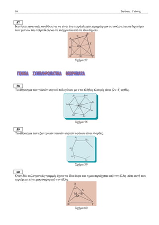 16 Σαξάθεο Γηάλλεο 
57 
Ιθαλή θαη αλαγθαία ζπλζήθε γηα λα είλαη έλα ηεηξάπιεπξν πεξηγξάςηκν ζε θύθιν είλαη νη δηρνηόκνη 
ησλ γσληώλ ηνπ ηεηξαπιεύξνπ λα δηέξρνληαη από ην ίδην ζεκείν. 
Σρήκα 57 
58 
Τν άζξνηζκα ησλ γσληώλ θπξηνύ πνιπγώλνπ κε λ ην πιήζνο πιεπξέο είλαη (2λ–4) νξζέο. 
Σρήκα 58 
59 
Τν άζξνηζκα ησλ εμσηεξηθώλ γσληώλ θπξηνύ λ-γώλνπ είλαη 4 νξζέο. 
Σρήκα 59 
60 
Όηαλ δύν πνιπγσληθέο γξακκέο έρνπλ ηα ίδηα άθξα θαη ε κηα πεξηέρεηαη από ηελ άιιε ,ηόηε απηή πνπ 
πεξηέρεηαη είλαη κηθξόηεξε από ηελ άιιε. 
Σρήκα 60 
 