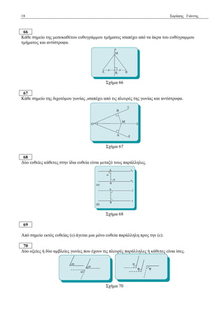 18 Σαξάθεο Γηάλλεο 
66 
Κάζε ζεκείν ηεο κεζνθαζέηνπ επζπγξάκκνπ ηκήκαηνο ηζαπέρεη από ηα άθξα ηνπ επζύγξακκνπ 
ηκήκαηνο θαη αληίζηξνθα. 
Σρήκα 66 
67 
Κάζε ζεκείν ηεο δηρνηόκνπ γσλίαο ,ηζαπέρεη από ηηο πιεπξέο ηεο γσλίαο θαη αληίζηξνθα. 
Σρήκα 67 
68 
Γύν επζείεο θάζεηεο ζηελ ίδηα επζεία είλαη κεηαμύ ηνπο παξάιιειεο. 
Σρήκα 68 
69 
Από ζεκείν εθηόο επζείαο (ε) άγεηαη κηα κόλν επζεία παξάιιειε πξνο ηελ (ε). 
70 
Γύν νμείεο ή δύν ακβιείεο γσλίεο πνπ έρνπλ ηηο πιεπξέο παξάιιειεο ή θάζεηεο είλαη ίζεο. 
Σρήκα 70 
 