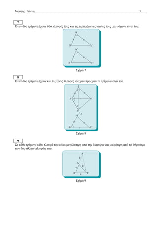 Σαξάθεο Γηάλλεο 3 
7 
Όηαλ δύν ηξίγσλα έρνπλ δύν πιεπξέο ίζεο θαη ηηο πεξηερόκελεο γσλίεο ίζεο ,ηα ηξίγσλα είλαη ίζα. 
Σρήκα 7 
8 
Όηαλ δύν ηξίγσλα έρνπλ θαη ηηο ηξείο πιεπξέο ίζεο κηα πξνο κηα ηα ηξίγσλα είλαη ίζα. 
Σρήκα 8 
9 
Σε θάζε ηξίγσλν θάζε πιεπξά ηνπ είλαη κεγαιύηεξε από ηελ δηαθνξά θαη κηθξόηεξε από ην άζξνηζκα 
ησλ δύν άιισλ πιεπξώλ ηνπ. 
Σρήκα 9 
 