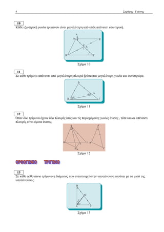 4 Σαξάθεο Γηάλλεο 
10 
Κάζε εμσηεξηθή γσλία ηξηγώλνπ είλαη κεγαιύηεξε από θάζε απέλαληη εζσηεξηθή. 
Σρήκα 10 
11 
Σε θάζε ηξίγσλν απέλαληη από κεγαιύηεξε πιεπξά βξίζθεηαη κεγαιύηεξε γσλία θαη αληίζηξνθα. 
Σρήκα 11 
12 
Όηαλ δύν ηξίγσλα έρνπλ δύν πιεπξέο ίζεο θαη ηηο πεξηερόκελεο γσλίεο άληζεο , ηόηε θαη νη απέλαληη 
πιεπξέο είλαη όκνηα άληζεο. 
Σρήκα 12 
13 
Σε θάζε νξζνγώλην ηξίγσλν ε δηάκεζνο πνπ αληηζηνηρεί ζηελ ππνηείλνπζα ηζνύηαη κε ην κηζό ηεο 
ππνηείλνπζαο. 
Σρήκα 13 
 