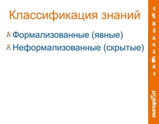 Классификация знаний 
Формализованные (явные) 
Неформализованные (скрытые) 
 