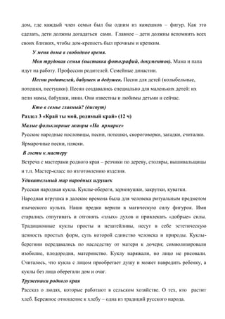 дом, где каждый член семьи был бы одним из камешков – фигур. Как это 
сделать, дети должны догадаться сами. Главное – дети должны вспомнить всех 
своих близких, чтобы дом-крепость был прочным и крепким. 
У меня дома в свободное время. 
Моя трудовая семья (выставка фотографий, документов). Мама и папа 
идут на работу. Профессии родителей. Семейные династии. 
Песни родителей, бабушек и дедушек. Песни для детей (колыбельные, 
потешки, пестушки). Песни создавались специально для маленьких детей: их 
пели мамы, бабушки, няни. Они известны и любимы детьми и сейчас. 
Кто в семье главный? (диспут) 
Раздел 3 «Край ты мой, родимый край» (12 ч) 
Малые фольклорные жанры «На ярмарке» 
Русские народные пословицы, песни, потешки, скороговорки, загадки, считалки. 
Ярмарочные песни, пляски. 
В гости к мастеру 
Встреча с мастерами родного края – резчики по дереву, столяры, вышивальщицы 
и т.п. Мастер-класс по изготовлению изделия. 
Удивительный мир народных игрушек 
Русская народная кукла. Куклы-обереги, зерновушки, закрутки, куватки. 
Народная игрушка в далекие времена была для человека ритуальным предметом 
языческого культа. Наши предки верили в магическую силу фигурок. Ими 
старались отпугивать и отгонять «злых» духов и привлекать «добрые» силы. 
Традиционные куклы просты и незатейливы, несут в себе эстетическую 
ценность простых форм, суть которой единство человека и природы. Куклы- 
берегини передавались по наследству от матери к дочери; символизировали 
изобилие, плодородия, материнство. Куклу наряжали, но лицо не рисовали. 
Считалось, что кукла с лицом приобретает душу и может навредить ребенку, а 
куклы без лица оберегали дом и очаг. 
Труженики родного края 
Рассказ о людях, которые работают в сельском хозяйстве. О тех, кто растит 
хлеб. Бережное отношение к хлебу – одна из традиций русского народа. 
 