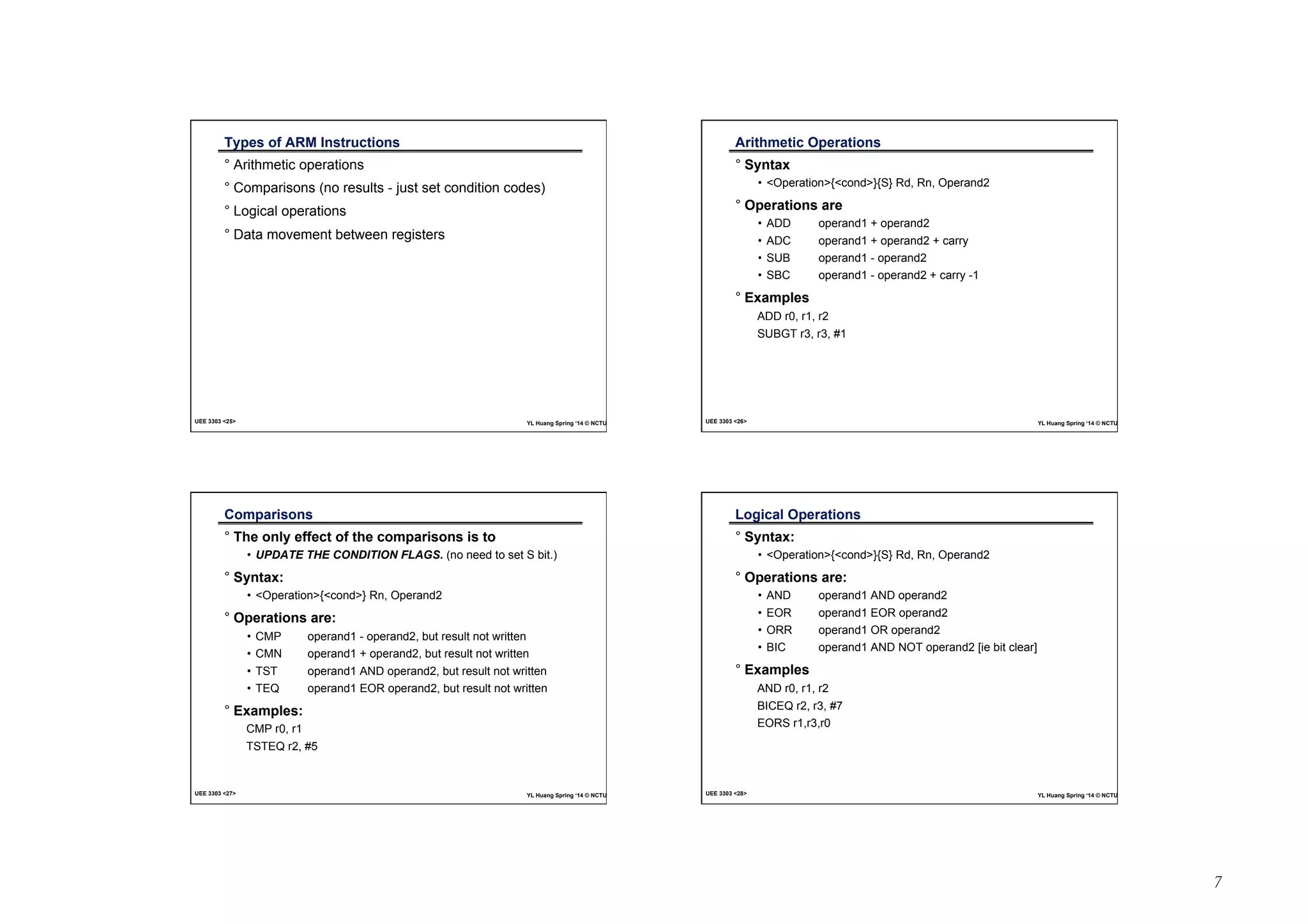 7 
Types of ARM InstructionsĎ 
° Arithmetic operations 
° Comparisons (no results - just set condition codes) 
° Logical operations 
° Data movement between registersĎ 
UEE 3303 <25> YL Huang Spring ‘14 © NCTU 
Arithmetic OperationsĎ 
° Syntax 
• <Operation>{<cond>}{S} Rd, Rn, Operand2 
° Operations are 
• ADD operand1 + operand2 
• ADC operand1 + operand2 + carry 
• SUB operand1 - operand2 
• SBC operand1 - operand2 + carry -1 
° Examples 
ADD r0, r1, r2 
SUBGT r3, r3, #1 
UEE 3303 <26> YL Huang Spring ‘14 © NCTU 
ComparisonsĎ 
° The only effect of the comparisons is to 
• UPDATE THE CONDITION FLAGS. (no need to set S bit.) 
° Syntax: 
• <Operation>{<cond>} Rn, Operand2 
° Operations are: 
• CMP operand1 - operand2, but result not written 
• CMN operand1 + operand2, but result not written 
• TST operand1 AND operand2, but result not written 
• TEQ operand1 EOR operand2, but result not written 
° Examples: 
CMP r0, r1 
TSTEQ r2, #5Ď 
UEE 3303 <27> YL Huang Spring ‘14 © NCTU 
Logical OperationsĎ 
° Syntax: 
• <Operation>{<cond>}{S} Rd, Rn, Operand2 
° Operations are: 
• AND operand1 AND operand2 
• EOR operand1 EOR operand2 
• ORR operand1 OR operand2 
• BIC operand1 AND NOT operand2 [ie bit clear] 
° Examples 
AND r0, r1, r2 
BICEQ r2, r3, #7 
EORS r1,r3,r0Ď 
UEE 3303 <28> YL Huang Spring ‘14 © NCTU 
 