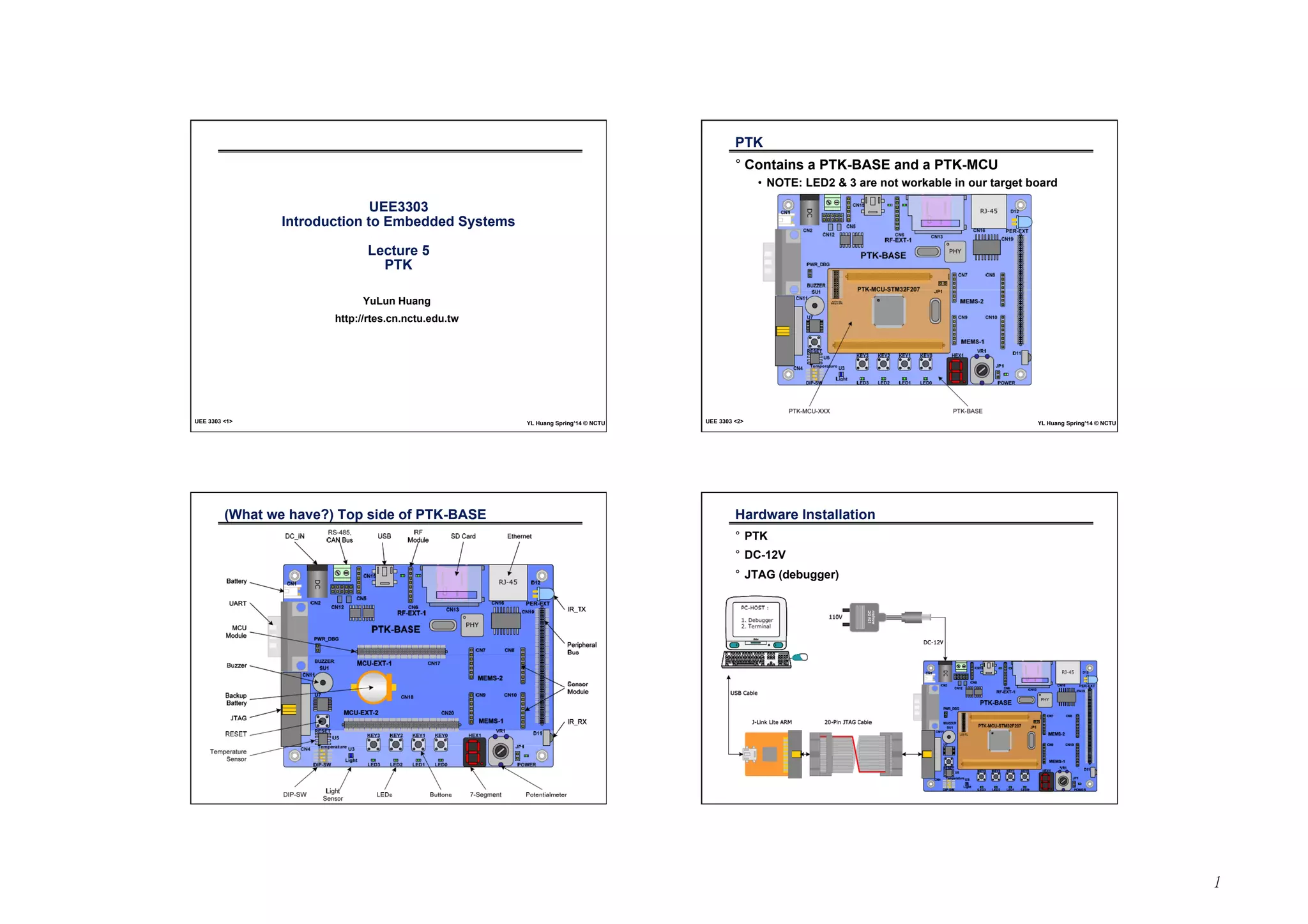 1 
UEE3303 
Introduction to Embedded Systems 
Lecture 5 
PTK 
YuLun Huang 
http://rtes.cn.nctu.edu.tw 
UEE 3303 <1> YL Huang Spring’14 © NCTU 
PTK 
° Contains a PTK-BASE and a PTK-MCU 
• NOTE: LED2 & 3 are not workable in our target board 
UEE 3303 <2> YL Huang Spring’14 © NCTU 
(What we have?) Top side of PTK-BASE 
UEE 3303 <3> YL Huang Spring’14 © NCTU 
Hardware Installation 
° PTK 
° DC-12V 
° JTAG (debugger) 
UEE 3303 <4> YL Huang Spring’14 © NCTU 
 
