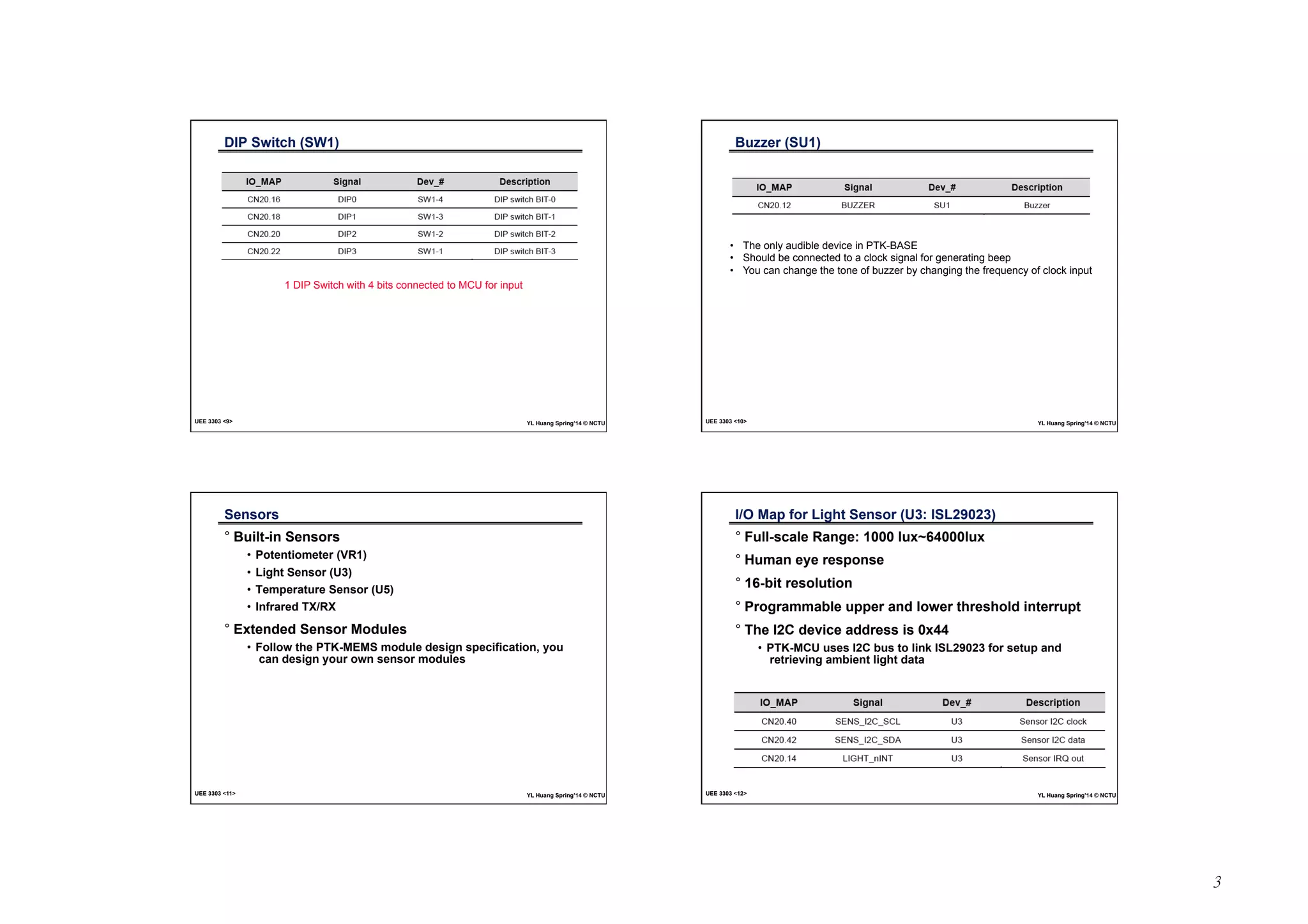 3 
DIP Switch (SW1) 
1 DIP Switch with 4 bits connected to MCU for input 
UEE 3303 <9> YL Huang Spring’14 © NCTU 
Buzzer (SU1) 
• The only audible device in PTK-BASE 
• Should be connected to a clock signal for generating beep 
• You can change the tone of buzzer by changing the frequency of clock input 
UEE 3303 <10> YL Huang Spring’14 © NCTU 
Sensors 
° Built-in Sensors 
• Potentiometer (VR1) 
• Light Sensor (U3) 
• Temperature Sensor (U5) 
• Infrared TX/RX 
° Extended Sensor Modules 
• Follow the PTK-MEMS module design specification, you 
can design your own sensor modules 
UEE 3303 <11> YL Huang Spring’14 © NCTU 
I/O Map for Light Sensor (U3: ISL29023) 
° Full-scale Range: 1000 lux~64000lux 
° Human eye response 
° 16-bit resolution 
° Programmable upper and lower threshold interrupt 
° The I2C device address is 0x44 
• PTK-MCU uses I2C bus to link ISL29023 for setup and 
retrieving ambient light data 
UEE 3303 <12> YL Huang Spring’14 © NCTU 
 
