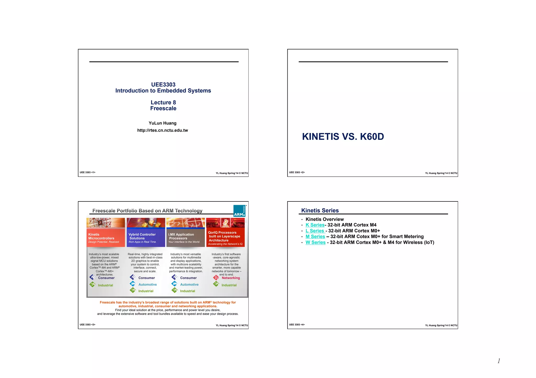 1 
UEE3303 
Introduction to Embedded Systems 
Lecture 8 
Freescale 
YuLun Huang 
http://rtes.cn.nctu.edu.tw 
UEE 3303 1 YL Huang Spring‘14 © NCTU 
KINETIS VS. K60D 
UEE 3303 2 YL Huang Spring‘14 © NCTU 
Vybrid Controller 
Solutions 
Rich Apps in Real Time. 
Real-time, highly integrated 
solutions with best-in-class 
2D graphics to enable 
your system to control, 
interface, connect, 
secure and scale. 
i.MX Application 
Processors 
Your Interface to the World. 
Industry’s most versatile 
solutions for multimedia 
and display applications, 
with multicore scalability 
and market-leading power, 
performance  integration. 
Kinetis 
Microcontrollers 
Design Potential. Realized 
Industry’s most scalable 
ultra-low-power, mixed 
-signal MCU solutions 
based on the ARM® 
Cortex™-M4 and ARM® 
Cortex™-M0+ 
architectures. 
QorIQ Processors 
built on Layerscape 
Architecture 
Accelerating the Network’s IQ 
Industry’s first software 
-aware, core-agnostic 
networking system 
architecture for the 
smarter, more capable 
networks of tomorrow – 
end to end. 
Consumer 
Automotive 
Industrial 
Consumer 
Industrial 
Consumer 
Automotive 
Industrial 
Networking 
Industrial 
Freescale has the industry’s broadest range of solutions built on ARM® technology for 
automotive, industrial, consumer and networking applications. 
Find your ideal solution at the price, performance and power level you desire, 
and leverage the extensive software and tool bundles available to speed and ease your design process. 
UEE 3303 3 YL Huang Spring‘14 © NCTU 
Kinetis Series 
• Kinetis Overview 
• K Series- 32-bit ARM Cortex M4 
• L Series - 32-bit ARM Cortex M0+ 
• M Series – 32-bit ARM Cotex M0+ for Smart Metering 
• W Series - 32-bit ARM Cortex M0+  M4 for Wireless (IoT) 
UEE 3303 4 YL Huang Spring‘14 © NCTU 
 
