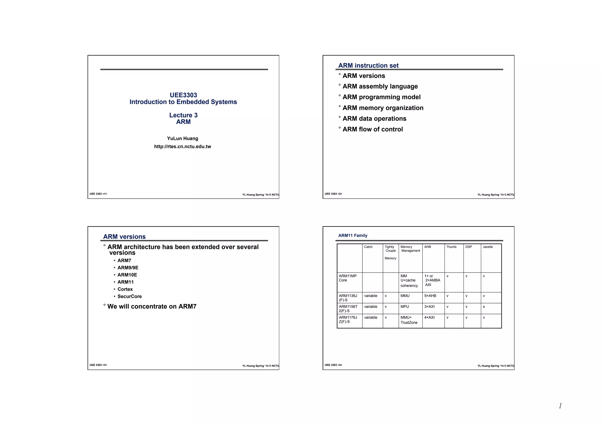 1 
UEE3303 
Introduction to Embedded Systems 
Lecture 3 
ARM 
YuLun Huang 
http://rtes.cn.nctu.edu.tw 
Ď 
UEE 3303 <1> YL Huang Spring ‘14 © NCTU 
ARM instruction set 
° ARM versions 
° ARM assembly language 
° ARM programming model 
° ARM memory organization 
° ARM data operations 
° ARM flow of control 
UEE 3303 <2> YL Huang Spring ‘14 © NCTU 
ARM versions 
° ARM architecture has been extended over several 
versions 
• ARM7 
• ARM9/9E 
• ARM10E 
• ARM11 
• Cortex 
• SecurCore 
° We will concentrate on ARM7 
UEE 3303 <3> YL Huang Spring ‘14 © NCTU 
ARM11 FamilyĎ 
CatchĎ Tightly 
Couple 
MemoryĎ 
Memory 
ManagementĎ 
AHBĎ Thumb Ď DSP Ď Jazelle Ď 
ARM11MP 
Core Ď 
MM 
U+cache 
coherency Ď 
1× or 
2×AMBA 
AXI Ď 
v Ď v Ď v Ď 
ARM1136J 
(F)-S Ď 
variable Ď v Ď MMU Ď 5×AHB Ď vĎ v Ď v Ď 
ARM1156T 
2(F)-S Ď 
variable Ď v Ď MPU Ď 3×AXI Ď v Ď v Ď x Ď 
ARM1176J 
Z(F)-S Ď 
variable Ď v Ď MMU+ 
TrustZone Ď 
4×AXI Ď v Ď v Ď v Ď 
UEE 3303 <4> YL Huang Spring ‘14 © NCTU 
 