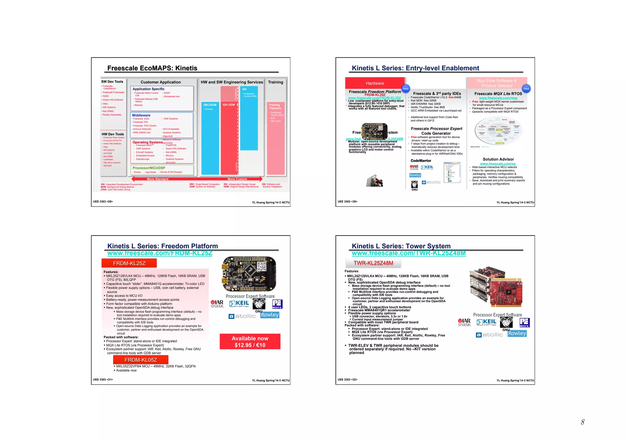 8 
Freescale EcoMAPS: Kinetis 
SW Dev Tools Customer Application HW and SW Engineering Services 
Application Specific 
• Freescale Motor Control 
Libs 
• Freescale Medical USB 
Stacks 
• Mocana 
Middleware 
• Freescale eGUI 
• Freescale TSS 
• Freescale PEG (Swell) 
• Arcturus Networks 
• ARM CMSIS Libs 
• IXAAT 
• Stonestreet one 
• CMX Systems 
• HCC Embedded 
• Quadros Systems 
• MapuSoft 
• Motomic Software 
• SEGGER 
Operating Systems 
• Freescale MQX™ 
• CMX Systems 
• Emcraft Systems 
• Embedded Access 
• ExpressLogic 
• FreeRTOS 
• Green Hills Software 
• Keil (ARM) 
• Micrium 
• Quadros Systems 
• SEGGER 
Processor/MCU/DSP 
Common Occasional 
IDH ODM 
SBC/SOM 
SSI 
• Novtech 
• Embedded 
Access MQX 
• App Notes • Demos  Ref Designs 
More Standard More Custom 
• Freescale 
CodeWarrior 
• Freescale Freemaster 
• Atollic 
• Green Hills Software 
• Hitex 
• IAR Systems 
• Keil (ARM) 
• Rowley Associates 
HW Dev Tools 
• Freescale Tower System 
• Freescale KWIKSTIK 
• Green Hills Software 
• Hitex 
• IAR Systems 
• iSYSTEM 
• Keil (ARM) 
• Lauterbach 
• PE Micro Systems 
• SEGGER 
• Kinetis 
SBC: Single Board Computers 
IDH: Independent Design House 
BDM: Background Debug Module SOM: System on Modules 
ODM: Original Design Manufacturer 
Training 
Training 
Partners 
• Embedded 
Access MQX 
• AC6 
• Hilf GmbH 
SSI: Software and 
Solution Integrators 
IDE: Integrated Development Environment 
JTAG: Joint Test Action Group 
UEE 3303 29 YL Huang Spring‘14 © NCTU 
Kinetis L Series: Entry-level Enablement 
Hardware IDE  Code Generation Run-Time Software  
Freescale Freedom Platform 
FRDM-KL25Z 
New New 
www.freescale.com/FRDM-KL25Z 
° Low -cost/power platform for entry-level 
developers ($12.95 / €10 SRP) 
° Integrates a fully featured debugger, that 
works with all featured tool chains. 
Freescale Tower System 
TWR-KL25Z48M 
www.freescale.com/TWR-KL25Z48M 
° Modular, open-source development 
platform with reusable peripheral 
modules offering connectivity, analog, 
graphics LCD and motor control 
functionality 
Product Selector 
Freescale MQX Lite RTOS 
www.freescale.com/mqx 
• Free, light-weight MQX kernel customised 
for small resource MCUs 
• Packaged as a Processor Expert component 
• Upwards compatible with MQX RTOS 
Solution Advisor 
www.freescale.com/sa 
• Web-based interactive MCU selector 
• Filters for operating characteristics, 
packaging, memory configuration  
peripherals. Verifies muxing compatibility 
• Save, download and print summary reports 
and pin muxing configurations 
Freescale  3rd party IDEs 
• Freescale CodeWarrior v10.3: free 64KB 
• Keil MDK: free 32KB 
• IAR EWARM: free 32KB 
• Atollic TrueStudio: free 8KB 
• GCC ARM Embedded via Launchpad.net 
• Additional tool support from Code Red 
and others in Q412 
Freescale Processor Expert 
Code Generator 
• Free software generation tool for device 
drivers / start-up code 
• 7 steps from project creation to debug – 
dramatically reduces development time 
• Available within CodeWarrior or as a 
standalone plug-in for IAR/Keil/GNU IDEs 
GNU 
UEE 3303 30 YL Huang Spring‘14 © NCTU 
Kinetis L Series: Freedom Platform 
www.freescale.com/FRDM-KL25Z 
FRDM-KL25Z 
Features: 
! MKL25Z128VLK4 MCU – 48MHz, 128KB Flash, 16KB SRAM, USB 
OTG (FS), 80LQFP 
! Capacitive touch “slider”, MMA8451Q accelerometer, Tri-color LED 
! Flexible power supply options – USB, coin cell battery, external 
source 
! Easy access to MCU I/O 
! Battery-ready, power-measurement access points 
! Form factor compatible with Arduino platform 
! New, sophisticated OpenSDA debug interface 
! Mass storage device flash programming interface (default) – no 
tool installation required to evaluate demo apps 
! PE Multilink interface provides run-control debugging and 
compatibility with IDE tools 
! Open-source Data Logging application provides an example for 
customer, partner and enthusiast development on the OpenSDA 
circuit 
Packed with software: 
! Processor Expert: stand-alone or IDE integrated 
! MQX Lite RTOS (via Processor Expert) 
! Ecosystem partner support: IAR, Keil, Atollic, Rowley, Free GNU 
command-line tools with GDB server 
FRDM-KL05Z 
! MKL05Z32VFM4 MCU – 48MHz, 32KB Flash, 32QFN 
! Available now 
GNU 
Available now 
$12.95 / €10 
UEE 3303 31 YL Huang Spring‘14 © NCTU 
Kinetis L Series: Tower System 
www.freescale.com/TWR-KL25Z48M 
TWR-KL25Z48M 
Features 
! MKL25Z128VLK4 MCU – 48MHz, 128KB Flash, 16KB SRAM, USB 
OTG (FS) 
! New, sophisticated OpenSDA debug interface 
! Mass storage device flash programming interface (default) – no tool 
installation required to evaluate demo apps 
! PE Multilink interface provides run-control debugging and 
compatibility with IDE tools 
! Open-source Data Logging application provides an example for 
customer, partner and enthusiast development on the OpenSDA 
circuit 
! 4 user LEDs, 2 capacitive touch buttons 
! Freescale MMA8451QR1 accelerometer 
! Flexible power supply options 
! USB connector, elevators, 3.3v or 1.8v 
! Current input measurement jumper 
! Compatible with most TWR peripheral board 
Packed with software: 
! Processor Expert: stand-alone or IDE integrated 
! MQX Lite RTOS (via Processor Expert) 
! Ecosystem partner support: IAR, Keil, Atollic, Rowley, Free 
GNU command-line tools with GDB server 
! TWR-ELEV  TWR peripheral modules should be 
ordered separately if required. No –KIT version 
planned 
GNU 
Available now 
$99.00 
UEE 3303 32 YL Huang Spring‘14 © NCTU 
 