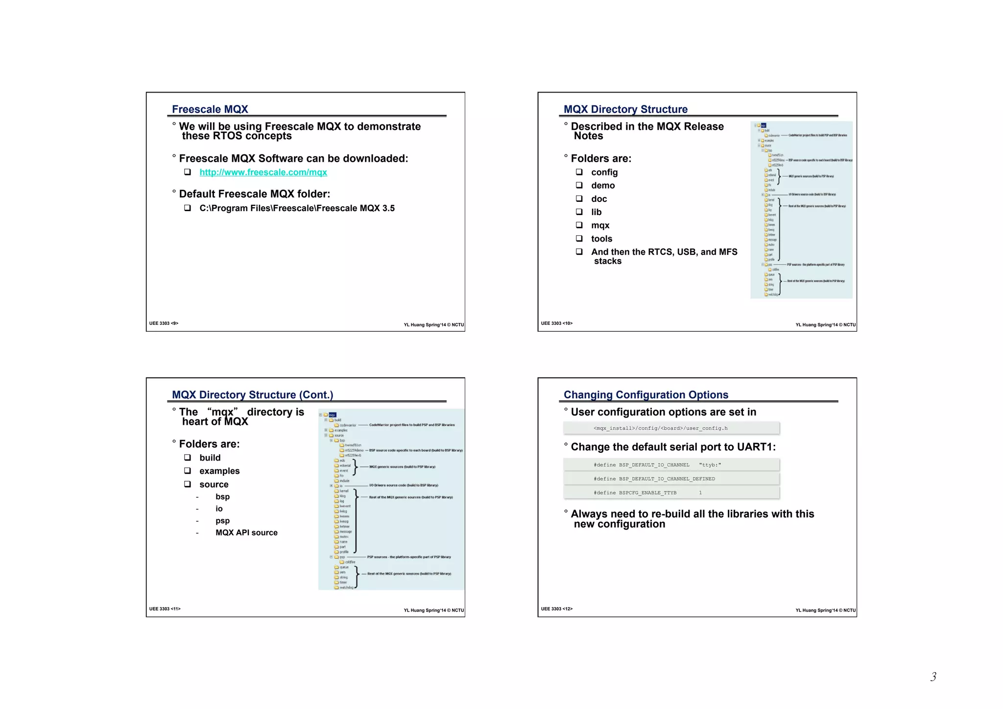 3 
Freescale MQX 
° We will be using Freescale MQX to demonstrate 
these RTOS concepts 
° Freescale MQX Software can be downloaded: 
! http://www.freescale.com/mqx 
° Default Freescale MQX folder: 
! C:Program FilesFreescaleFreescale MQX 3.5 
UEE 3303 9 YL Huang Spring‘14 © NCTU 
MQX Directory Structure 
° Described in the MQX Release 
Notes 
° Folders are: 
! config 
! demo 
! doc 
! lib 
! mqx 
! tools 
! And then the RTCS, USB, and MFS 
stacks 
UEE 3303 10 YL Huang Spring‘14 © NCTU 
MQX Directory Structure (Cont.) 
° The “mqx” directory is 
heart of MQX 
° Folders are: 
! build 
! examples 
! source 
- bsp 
- io 
- psp 
- MQX API source 
UEE 3303 11 YL Huang Spring‘14 © NCTU 
Changing Configuration Options 
° User configuration options are set in 
mqx_install/config/board/user_config.h 
° Change the default serial port to UART1: 
#define BSP_DEFAULT_IO_CHANNEL ttyb: 
#define BSP_DEFAULT_IO_CHANNEL_DEFINED 
#define BSPCFG_ENABLE_TTYB 1 
° Always need to re-build all the libraries with this 
new configuration 
UEE 3303 12 YL Huang Spring‘14 © NCTU 
 