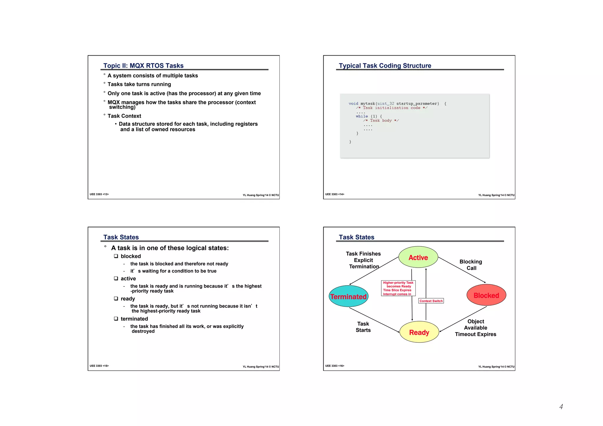 4 
Topic II: MQX RTOS Tasks 
° A system consists of multiple tasks 
° Tasks take turns running 
° Only one task is active (has the processor) at any given time 
° MQX manages how the tasks share the processor (context 
switching) 
° Task Context 
• Data structure stored for each task, including registers 
and a list of owned resources 
UEE 3303 13 YL Huang Spring‘14 © NCTU 
Typical Task Coding Structure 
UEE 3303 14 YL Huang Spring‘14 © NCTU 
Task States 
° A task is in one of these logical states: 
! blocked 
- the task is blocked and therefore not ready 
- it’s waiting for a condition to be true 
! active 
- the task is ready and is running because it’s the highest 
-priority ready task 
! ready 
- the task is ready, but it’s not running because it isn’t 
the highest-priority ready task 
! terminated 
- the task has finished all its work, or was explicitly 
destroyed 
UEE 3303 15 YL Huang Spring‘14 © NCTU 
Active 
Context Switch 
Higher-priority Task 
becomes Ready 
Time Slice Expires 
Interrupt comes in 
Ready 
Blocking 
Call 
Blocked 
Object 
Available 
Timeout Expires 
Task States 
Task Finishes 
Explicit 
Termination 
Terminated 
Task 
Starts 
UEE 3303 16 YL Huang Spring‘14 © NCTU 
 