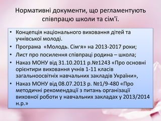Нормативні документи, що регламентують 
співпрацю школи та сім'ї. 
• Концепція національного виховання дітей та 
учнівської молоді. 
• Програма «Молодь. Сім ׳я» на 2013-2017 роки; 
• Лист про посилення співпраці родина – школа; 
• Наказ МОНУ від 31.10.2011 р.№1243 «Про основні 
орієнтири виховання учнів 1-11 класів 
загальноосвітніх навчальних закладів України», 
• Наказ МОНУ від 08.07.2013 р. №1/9-480 «Про 
методичні рекомендації з питань організації 
виховної роботи у навчальних закладах у 2013/2014 
н.р.» 
 