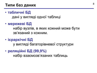 8 Типи баз даних 
• табличні БД 
дані у вигляді одної таблиці 
• мережеві БД 
набір вузлів, в яких кожний може бути 
зв’язаний з кожним. 
• iєрархічні БД 
у вигляді багаторівневої структури 
• реляційні БД (99,9%) 
набір взаємозв’язаних таблиць 
 