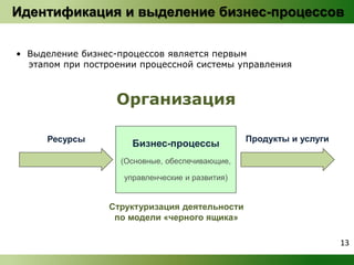 Идентификация и выделение бизнес-процессов 
• Выделение бизнес-процессов является первым 
этапом при построении процессной системы управления 
Организация 
Ресурсы Продукты и услуги 
Бизнес-процессы 
(Основные, обеспечивающие, 
управленческие и развития) 
Структуризация деятельности 
по модели «черного ящика» 
13 
 
