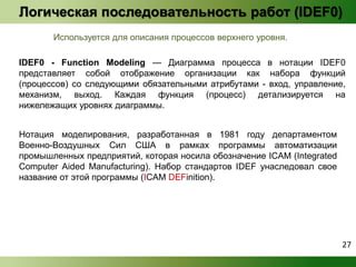 Логическая последовательность работ (IDEF0) 
Используется для описания процессов верхнего уровня. 
IDEF0 - Function Modeling — Диаграмма процесса в нотации IDEF0 
представляет собой отображение организации как набора функций 
(процессов) со следующими обязательными атрибутами - вход, управление, 
механизм, выход. Каждая функция (процесс) детализируется на 
нижележащих уровнях диаграммы. 
Нотация моделирования, разработанная в 1981 году департаментом 
Военно-Воздушных Сил США в рамках программы автоматизации 
промышленных предприятий, которая носила обозначение ICAM (Integrated 
Computer Aided Manufacturing). Набор стандартов IDEF унаследовал свое 
название от этой программы (ICAM DEFinition). 
27 
 