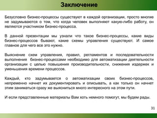 Заключение 
Безусловно бизнес-процессы существуют в каждой организации, просто многие 
не задумываются о том, что когда человек выполняют какую-либо работу, он 
являются участником бизнес-процесса. 
В данной презентации мы узнали что такое бизнес-процессы, какие виды 
бизнес-процессов бывают, какие схемы управления существуют. И самое 
главное для чего все это нужно. 
Выяснение схем управления, правил, регламентов и последовательности 
выполнения бизнес-процессами необходимо для автоматизации деятельности 
организации с целью повышения производительности, снижения издержек и 
уменьшения времени процессов. 
Каждый, кто задумывается о автоматизации своих бизнес-процессов, 
непременно начнет их документировать и описывать, а как только он начнет 
этим заниматься сразу же выясниться много интересного на этом пути. 
И если представленные материалы Вам хоть немного помогут, мы будем рады. 
31 
 