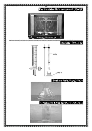 - 16 - 
1(الميزان الحساس ( The Sensitive Balance 
......................................................................................................................................... 
2( السحاحة ( Burette : 
3( الكؤوس الزجاجية ( Beakers : 
4( المخبار المدرج ( Graduated Cylinder : 
 