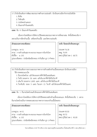 วิเคราะห์ข้อสอบ O-NET ปีการศึกษา 2556 กลุ่มสาระสุขศึกษาและพลศึกษา ชั้นมัธยมศึกษาปีที่ 3 สพป.บุรีรัมย์ เขต 1 
17. ถ้านักเรียนต้องการพัฒนาสมรรถภาพด้านความอ่อนตัว นักเรียนควรเลือกกิจกรรมในข้อใด 
1. ดึงข้อ 
2. วิ่งซิกแซ็ก 
3. กระโดดเข่าแตะอก 
4. นั่งแยกเท้าก้มแตะสลับ 
เฉลย ข้อ 4 นั่งแยกเท้าก้มแตะสลับ 
เนื่องจากโจทย์ต้องการให้ทราบวิธีทดสอบสมรรถภาพทางกายที่เหมาะสม ดังนั้นจึงตอบข้อ 4 เพราะเป็นการยืดกล้ามเนื้อ เหยียดกล้ามเนื้อ และวัดความอ่อนตัว 
ลักษณะเฉพาะของข้อสอบ 
มาตรฐาน : พ 4.1 
สาระ : การสร้างเสริมสุขภาพ สมรรถภาพและการปูองกันโรค 
ตัวชี้วัด : ม. 3/5 
รูปแบบข้อสอบ : ปรนัยชนิดเลือกตอบ 4 ตัวเลือก ถูก 1 คาตอบ 
ระดับ ร้อยละนักเรียนตอบถูก 
ประเทศ 76.18 
สพฐ. 76.99 
สพป.บุรีรัมย์ เขต 1 68.75 
18. ถ้านักเรียนต้องการทราบสมรรถภาพทางกายด้านพลังกล้ามเนื้อของตนเอง นักเรียนควรเลือก 
วิธีการทดสอบแบบใด 
1. ยืนกระโดดไกล แล้ววัดระยะทางที่ทาได้เป็นเซนติเมตร 
2. วิ่งเร็ว ระยะทาง 50 เมตร แล้วจับเวลาที่ทาได้เป็นวินาที 
3. เดิน/วิ่ง ระยะทาง 1,600 เมตร แล้วจับเวลาที่ทาได้เป็นนาที 
4. วิ่งกลับตัว ระยะ 5 เมตร ในเวลา 15 วินาที แล้ววัดระยะที่ทาได้เป็นเมตร 
เฉลย ข้อ 1 ยืนกระโดดไกลแล้ววัดระยะทางที่ทาได้เป็นเซนติเมตร 
เนื่องจากโจทย์ต้องการให้ทราบถึงวิธีทดสอบพลังกล้ามเนื้อของตนเอง ดังนั้นจึงตอบข้อ 1 เพราะ ยืนกระโดดไกลเป็นการทดสอบสมรรถภาพทางกายของกล้ามเนื้อโดยตรง 
ลักษณะเฉพาะของข้อสอบ 
มาตรฐาน : พ 4.1 
สาระ : การสร้างเสริมสุขภาพ สมรรถภาพและการปูองกันโรค 
ตัวชี้วัด : ม. 3/5 
รูปแบบข้อสอบ : ปรนัยชนิดเลือกตอบ 4 ตัวเลือก ถูก 1 คาตอบ 
ระดับ ร้อยละนักเรียนตอบถูก 
ประเทศ 43.50 
สพฐ. 43.72 
สพป.บุรีรัมย์ เขต 1 45.09  