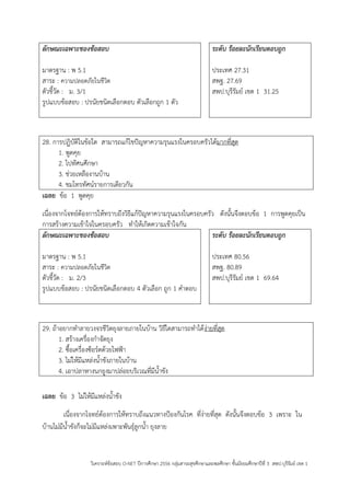 วิเคราะห์ข้อสอบ O-NET ปีการศึกษา 2556 กลุ่มสาระสุขศึกษาและพลศึกษา ชั้นมัธยมศึกษาปีที่ 3 สพป.บุรีรัมย์ เขต 1 
ลักษณะเฉพาะของข้อสอบ 
มาตรฐาน : พ 5.1 
สาระ : ความปลอดภัยในชีวิต 
ตัวชี้วัด : ม. 3/1 
รูปแบบข้อสอบ : ปรนัยชนิดเลือกตอบ ตัวเลือกถูก 1 ตัว 
ระดับ ร้อยละนักเรียนตอบถูก 
ประเทศ 27.31 
สพฐ. 27.69 
สพป.บุรีรัมย์ เขต 1 31.25 
28. การปฏิบัติในข้อใด สามารถแก้ไขปัญหาความรุนแรงในครอบครัวได้มากที่สุด 
1. พูดคุย 
2. ไปทัศนศึกษา 
3. ช่วยเหลืองานบ้าน 
4. ชมโทรทัศน์รายการเดียวกัน 
เฉลย ข้อ 1 พูดคุย 
เนื่องจากโจทย์ต้องการให้ทราบถึงวิธีแก้ปัญหาความรุนแรงในครอบครัว ดังนั้นจึงตอบข้อ 1 การพูดคุยเป็น การสร้างความเข้าใจในครอบครัว ทาให้เกิดความเข้าใจกัน 
ลักษณะเฉพาะของข้อสอบ 
มาตรฐาน : พ 5.1 
สาระ : ความปลอดภัยในชีวิต 
ตัวชี้วัด : ม. 2/3 
รูปแบบข้อสอบ : ปรนัยชนิดเลือกตอบ 4 ตัวเลือก ถูก 1 คาตอบ 
ระดับ ร้อยละนักเรียนตอบถูก 
ประเทศ 80.56 
สพฐ. 80.89 
สพป.บุรีรัมย์ เขต 1 69.64 
29. ถ้าอยากทาลายวงจรชีวิตยุงลายภายในบ้าน วิธีใดสามารถทาได้ง่ายที่สุด 
1. สร้างเครื่องกาจัดยุง 
2. ซื้อเครื่องซ็อร์ตด้วยไฟฟูา 
3. ไม่ให้มีแหล่งน้าขังภายในบ้าน 
4. เอาปลาหางนกยูงมาปล่อยบริเวณที่มีน้าขัง 
เฉลย ข้อ 3 ไม่ให้มีแหล่งน้าขัง 
เนื่องจากโจทย์ต้องการให้ทราบถึงแนวทางปูองกันโรค ที่ง่ายที่สุด ดังนั้นจึงตอบข้อ 3 เพราะ ใน บ้านไม่มีน้าขังก็จะไม่มีแหล่งเพาะพันธุ์ลูกน้า ยุงลาย 
 