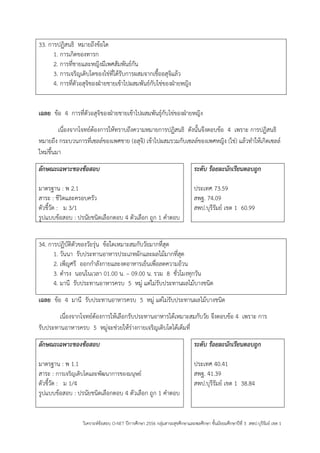 วิเคราะห์ข้อสอบ O-NET ปีการศึกษา 2556 กลุ่มสาระสุขศึกษาและพลศึกษา ชั้นมัธยมศึกษาปีที่ 3 สพป.บุรีรัมย์ เขต 1 
33. การปฏิสนธิ หมายถึงข้อใด 
1. การเกิดของทารก 
2. การที่ชายและหญิงมีเพศสัมพันธ์กัน 
3. การเจริญเติบโตของไข่ที่ได้รับการผสมจากเชื้ออสุจิแล้ว 
4. การที่ตัวอสุจิของฝุายชายเข้าไปผสมพันธ์กับไข่ของฝุายหญิง 
เฉลย ข้อ 4 การที่ตัวอสุจิของฝุายชายเข้าไปผสมพันธุ์กับไข่ของฝุายหญิง 
เนื่องจากโจทย์ต้องการให้ทราบถึงความหมายการปฏิสนธิ ดังนั้นจึงตอบข้อ 4 เพราะ การปฏิสนธิ หมายถึง กระบวนการที่เซลล์ของเพศชาย (อสุจิ) เข้าไปผสมรวมกับเซลล์ของเพศหญิง (ไข่) แล้วทาให้เกิดเซลล์ ใหม่ขึ้นมา 
ลักษณะเฉพาะของข้อสอบ 
มาตรฐาน : พ 2.1 
สาระ : ชีวิตและครอบครัว 
ตัวชี้วัด : ม 3/1 
รูปแบบข้อสอบ : ปรนัยชนิดเลือกตอบ 4 ตัวเลือก ถูก 1 คาตอบ 
ระดับ ร้อยละนักเรียนตอบถูก 
ประเทศ 73.59 
สพฐ. 74.09 
สพป.บุรีรัมย์ เขต 1 60.99 
34. การปฏิบัติตัวของวัยรุ่น ข้อใดเหมาะสมกับวัยมากที่สุด 
1. วันนา รับประทานอาหารประเภทผักและผลไม้มากที่สุด 
2. เพ็ญศรี ออกกาลังกายและงดอาหารเย็นเพื่อลดความอ้วน 
3. ดารง นอนในเวลา 01.00 น. – 09.00 น. รวม 8 ชั่วโมงทุกวัน 
4. มานี รับประทานอาหารครบ 5 หมู่ แต่ไม่รับประทานผลไม้บางชนิด 
เฉลย ข้อ 4 มานี รับประทานอาหารครบ 5 หมู่ แต่ไม่รับประทานผลไม้บางชนิด 
เนื่องจากโจทย์ต้องการให้เลือกรับประทานอาหารได้เหมาะสมกับวัย จึงตอบข้อ 4 เพราะ การ รับประทานอาหารครบ 5 หมู่จะช่วยให้ร่างกายเจริญเติบโตได้เต็มที่ 
ลักษณะเฉพาะของข้อสอบ 
มาตรฐาน : พ 1.1 
สาระ : การเจริญเติบโตและพัฒนาการของมนุษย์ 
ตัวชี้วัด : ม 1/4 
รูปแบบข้อสอบ : ปรนัยชนิดเลือกตอบ 4 ตัวเลือก ถูก 1 คาตอบ 
ระดับ ร้อยละนักเรียนตอบถูก 
ประเทศ 40.41 
สพฐ. 41.39 
สพป.บุรีรัมย์ เขต 1 38.84  