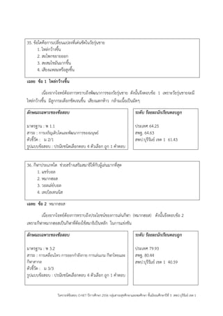 วิเคราะห์ข้อสอบ O-NET ปีการศึกษา 2556 กลุ่มสาระสุขศึกษาและพลศึกษา ชั้นมัธยมศึกษาปีที่ 3 สพป.บุรีรัมย์ เขต 1 
35. ข้อใดคือการเปลี่ยนแปลงที่เด่นชัดในวัยรุ่นชาย 
1. ไหล่กว้างขึ้น 
2. สะโพกขยายออก 
3. สะสมไขมันมากขึ้น 
4. เสียงแหลมหรือสูงขึ้น 
เฉลย ข้อ 1 ไหล่กว้างขึ้น 
เนื่องจากโจทย์ต้องการทราบถึงพัฒนาการของวัยรุ่นชาย ดังนั้นจึงตอบข้อ 1 เพราะวัยรุ่นชายจะมี ไหล่กว้างขึ้น มีลูกกระเดือกชัดเจนขึ้น เสียงแตกห้าว กล้ามเนื้อเป็นมัดๆ 
ลักษณะเฉพาะของข้อสอบ 
มาตรฐาน : พ 1.1 
สาระ : การเจริญเติบโตและพัฒนาการของมนุษย์ 
ตัวชี้วัด : ม 2/1 
รูปแบบข้อสอบ : ปรนัยชนิดเลือกตอบ 4 ตัวเลือก ถูก 1 คาตอบ 
ระดับ ร้อยละนักเรียนตอบถูก 
ประเทศ 64.25 
สพฐ. 64.63 
สพป.บุรีรัมย์ เขต 1 61.43 
36. กีฬาประเภทใด ช่วยสร้างเสริมสมาธิให้กับผู้เล่นมากที่สุด 
1. แชร์บอล 
2. หมากฮอส 
3. วอลเล่ย์บอล 
4. เทเบิลเทนนิส 
เฉลย ข้อ 2 หมากฮอส 
เนื่องจากโจทย์ต้องการทราบถึงประโยชน์ของการเล่นกีฬา (หมากฮอส) ดังนั้นจึงตอบข้อ 2 เพราะกีฬาหมากฮอสเป็นกีฬาที่ต้องใช้สมาธิเป็นหลัก ในการแข่งขัน 
ลักษณะเฉพาะของข้อสอบ 
มาตรฐาน : พ 3.2 
สาระ : การเคลื่อนไหว การออกกาลังกาย การเล่นเกม กีฬาไทยและ กีฬาสากล 
ตัวชี้วัด : ม 3/3 
รูปแบบข้อสอบ : ปรนัยชนิดเลือกตอบ 4 ตัวเลือก ถูก 1 คาตอบ 
ระดับ ร้อยละนักเรียนตอบถูก 
ประเทศ 79.93 
สพฐ. 80.44 
สพป.บุรีรัมย์ เขต 1 40.59  