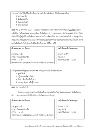วิเคราะห์ข้อสอบ O-NET ปีการศึกษา 2556 กลุ่มสาระสุขศึกษาและพลศึกษา ชั้นมัธยมศึกษาปีที่ 3 สพป.บุรีรัมย์ เขต 1 
7. การคุมกาเนิดวิธีใด ได้ผลน้อยที่สุด ถ้าฝุายหญิงมีประจาเดือนมาไม่สม่าเสมอทุกเดือน 
1. ใส่ห่วงอนามัย 
2. นับวันปลอดภัย 
3. กินยาคุมกาเนิด 
4. ฉีดยาคุมกาเนิด 
เฉลย ข้อ 2 นับวันปลอดภัย เนื่องจากโจทย์ต้องการให้บอกวิธีคุมกาเนิดที่ได้ได้ผลน้อยที่สุด เมื่อฝุาย หญิงมีประจาเดือนมาไม่สม่าเสมอทุกเดือน ดังนั้นจึงตอบข้อ 2 เพราะจากการนับวันปลอดภัย มีข้อจากัดว่า จะต้องใช้กับผู้หญิงที่มีประจาเดือนมาตรงตามวันเป็นปกติทุกเดือน เช่น มาทุกวันของวันที่ 3 ของทุกเดือน โดยไม่คลาดเคลื่อนจึงจะปลอดภัยแต่ถ้านับระยะวันปลอดภัยจากหญิงที่มีประจาเดือนคลาดเคลื่อนก็ทาให้การ คุมกาเนิดด้วยวิธีนับวันปลอดภัย ได้ผลน้อยที่สุด จะทาให้ตั้งครรภ์ได้ 
ลักษณะเฉพาะของข้อสอบ 
มาตรฐาน : พ 2.1 
สาระ : ชีวิตและครอบครัว 
ตัวชี้วัด : ม. 3/1 
รูปแบบข้อสอบ : ปรนัยชนิดเลือกตอบ 4 ตัวเลือก ถูก 1 คาตอบ 
ระดับ ร้อยละนักเรียนตอบถูก 
ประเทศ 68.27 
สพฐ..68.81 
สพป.บุรีรัมย์ เขต 1 62.50 
8. ถ้าถูกล่วงเกินหรือถูกลวนลามทางเพศ ควรปฏิบัติตนอย่างไรเป็นลาดับแรก 
1. ลุกหนีทันที 
2. ปฏิเสธแสดงทีท่าไม่พอใจ 
3. ว่ากล่าวด้วยถ้อยคาที่รุนแรง 
4. บอกครู พ่อแม่ หรือผู้ปกครอง 
เฉลย ข้อ 1 ลุกหนีทันที 
เนื่องจากโจทย์ต้องการให้บอกวิธีหลีกเลี่ยงการถูกล่วงเกินหรือถูกลวนลามทางเพศ ดังนั้นจึงตอบ ข้อ 1 เพราะการลุกหนีทันทีเป็นวิธีแรกเมื่อเกิดสถานการณ์เช่นนี้ 
ลักษณะเฉพาะของข้อสอบ 
มาตรฐาน : พ 2.1 
สาระ : ชีวิตและครอบครัว 
ตัวชี้วัด : ม. 1/2 
รูปแบบข้อสอบ : ปรนัยชนิดเลือกตอบ 4 ตัวเลือก ถูก 1 คาตอบ 
ระดับ ร้อยละนักเรียนตอบถูก 
ประเทศ 57.08 
สพฐ. 58.14 
สพป.บุรีรัมย์ เขต 1 53.13 
 