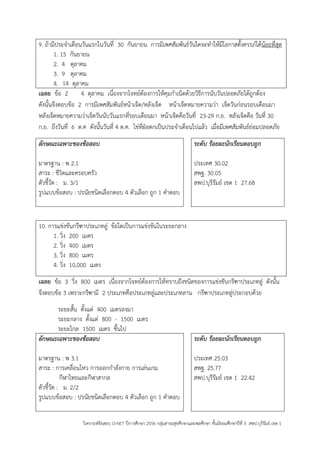 วิเคราะห์ข้อสอบ O-NET ปีการศึกษา 2556 กลุ่มสาระสุขศึกษาและพลศึกษา ชั้นมัธยมศึกษาปีที่ 3 สพป.บุรีรัมย์ เขต 1 
9. ถ้ามีประจาเดือนวันแรกในวันที่ 30 กันยายน การมีเพศสัมพันธ์วันใดจะทาให้มีโอกาสตั้งครรภ์ได้น้อยที่สุด 
1. 15 กันยายน 
2. 4 ตุลาคม 
3. 9 ตุลาคม 
4. 14 ตุลาคม 
เฉลย ข้อ 2 4 ตุลาคม เนื่องจากโจทย์ต้องการให้คุมกาเนิดด้วยวิธีการนับวันปลอดภัยได้ถูกต้อง ดังนั้นจึงตอบข้อ 2 การมีเพศสัมพันธ์หน้าเจ็ด/หลังเจ็ด หน้าเจ็ดหมายความว่า เจ็ดวันก่อนรอบเดือนมา หลังเจ็ดหมายความว่าเจ็ดวันนับวันแรกที่รอบเดือนมา หน้าเจ็ดคือวันที่ 23-29 ก.ย. หลังเจ็ดคือ วันที่ 30 ก.ย. ถึงวันที่ 6 ต.ค ดังนั้นวันที่ 4 ต.ค. ไข่ที่ฝุอตกเป็นประจาเดือนไปแล้ว เมื่อมีเพศสัมพันธ์ย่อมปลอดภัย 
ลักษณะเฉพาะของข้อสอบ 
มาตรฐาน : พ 2.1 
สาระ : ชีวิตและครอบครัว 
ตัวชี้วัด : ม. 3/1 
รูปแบบข้อสอบ : ปรนัยชนิดเลือกตอบ 4 ตัวเลือก ถูก 1 คาตอบ 
ระดับ ร้อยละนักเรียนตอบถูก 
ประเทศ 30.02 
สพฐ. 30.05 
สพป.บุรีรัมย์ เขต 1 27.68 
10. การแข่งขันกรีฑาประเภทลู่ ข้อใดเป็นการแข่งขันในระยะกลาง 
1. วิ่ง 200 เมตร 
2. วิ่ง 400 เมตร 
3. วิ่ง 800 เมตร 
4. วิ่ง 10,000 เมตร 
เฉลย ข้อ 3 วิ่ง 800 เมตร เนื่องจากโจทย์ต้องการให้ทราบถึงชนิดของการแข่งขันกรีฑาประเภทลู่ ดังนั้น จึงตอบข้อ 3 เพราะกรีฑามี 2 ประเภทคือประเภทลู่และประเภทลาน กรีฑาประเภทลู่ประกอบด้วย 
ระยะสั้น ตั้งแต่ 400 เมตรลงมา 
ระยะกลาง ตั้งแต่ 800 - 1500 เมตร 
ระยะไกล 1500 เมตร ขึ้นไป 
ลักษณะเฉพาะของข้อสอบ 
มาตรฐาน : พ 3.1 
สาระ : การเคลื่อนไหว การออกกาลังกาย การเล่นเกม 
กีฬาไทยและกีฬาสากล 
ตัวชี้วัด : ม. 2/2 
รูปแบบข้อสอบ : ปรนัยชนิดเลือกตอบ 4 ตัวเลือก ถูก 1 คาตอบ 
ระดับ ร้อยละนักเรียนตอบถูก 
ประเทศ 25.03 
สพฐ. 25.77 
สพป.บุรีรัมย์ เขต 1 22.42  