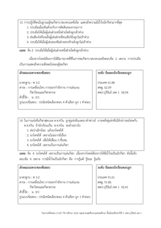 วิเคราะห์ข้อสอบ O-NET ปีการศึกษา 2556 กลุ่มสาระสุขศึกษาและพลศึกษา ชั้นมัธยมศึกษาปีที่ 3 สพป.บุรีรัมย์ เขต 1 
13. การปฏิบัติตนในฐานะผู้ชมกีฬาบาสเกตบอลข้อใด แสดงถึงความมีน้าใจนักกีฬามากที่สุด 
1. ปรบมือเมื่อเห็นด้วยกับการตัดสินของกรรมการ 
2. ปรบมือให้เมื่อผู้เล่นฝุายหนึ่งฝุายใดยิงลูกเข้าห่วง 
3. ส่งเสียงโห่ร้องเมื่อผู้เล่นฝุายที่ตนเชียร์ยิงลูกไม่เข้าห่วง 
4. ปรบมือให้เมื่อผู้เล่นของทีมฝุายตรงข้ามยิงลูกไม่เข้าห่วง 
เฉลย ข้อ 2 ปรบมือให้เมื่อผู้เล่นฝุายหนึ่งฝุายใดยิงลูกเข้าห่วง 
เนื่องจากโจทย์ต้องการให้มีมารยาทที่ดีในการชมกีฬาบาสเกตบอลจึงตอบข้อ 2 เพราะ การปรบมือ เป็นการแสดงถึงความพึงพอใจของผู้ชมกีฬา 
ลักษณะเฉพาะของข้อสอบ 
มาตรฐาน : พ 3.2 
สาระ : การเคลื่อนไหว การออกกาลังกาย การเล่นเกม 
กีฬาไทยและกีฬาสากล 
ตัวชี้วัด : ม. 3/1 
รูปแบบข้อสอบ : ปรนัยชนิดเลือกตอบ 4 ตัวเลือก ถูก 1 คาตอบ 
ระดับ ร้อยละนักเรียนตอบถูก 
ประเทศ 61.88 
สพฐ. 62.09 
สพป.บุรีรัมย์ เขต 1 58.04 
14. ในการแข่งขันกีฬาฟุตบอล ด.ช.ชวิน ถูกคู่แข่งขันเจตนาทาฟาวล์ ภายหลังคู่แข่งขันได้กล่าวขอโทษกับ 
ด.ช.ชวิน ถ้านักเรียนเป็น ด.ช.ชวิน จะทาอย่างไร 
1. ต่อว่าเล็กน้อย แล้วยกโทษให้ 
2. ยกโทษให้ เพราะไม่อยากมีเรื่อง 
3. ยกโทษให้ เพื่อให้เพื่อน ๆ ชื่นชม 
4. ยกโทษให้ เพราะเป็นการเล่นกีฬา 
เฉลย ข้อ 4 ยกโทษให้ เพราะเป็นการเล่นกีฬา เนื่องจากโจทย์ต้องการให้มีน้าใจเป็นนักกีฬา ดังนั้นจึง ตอบข้อ 4 เพราะ การมีน้าใจเป็นนักกีฬา คือ การรู้แพ้ รู้ชนะ รู้อภัย 
ลักษณะเฉพาะของข้อสอบ 
มาตรฐาน : พ 3.2 
สาระ : การเคลื่อนไหว การออกกาลังกาย การเล่นเกม 
กีฬาไทยและกีฬาสากล 
ตัวชี้วัด : ม. 3/1 
รูปแบบข้อสอบ : ปรนัยชนิดเลือกตอบ 4 ตัวเลือก ถูก 1 คาตอบ 
ระดับ ร้อยละนักเรียนตอบถูก 
ประเทศ 91.61 
สพฐ. 91.86 
สพป.บุรีรัมย์ เขต 1 92.41  