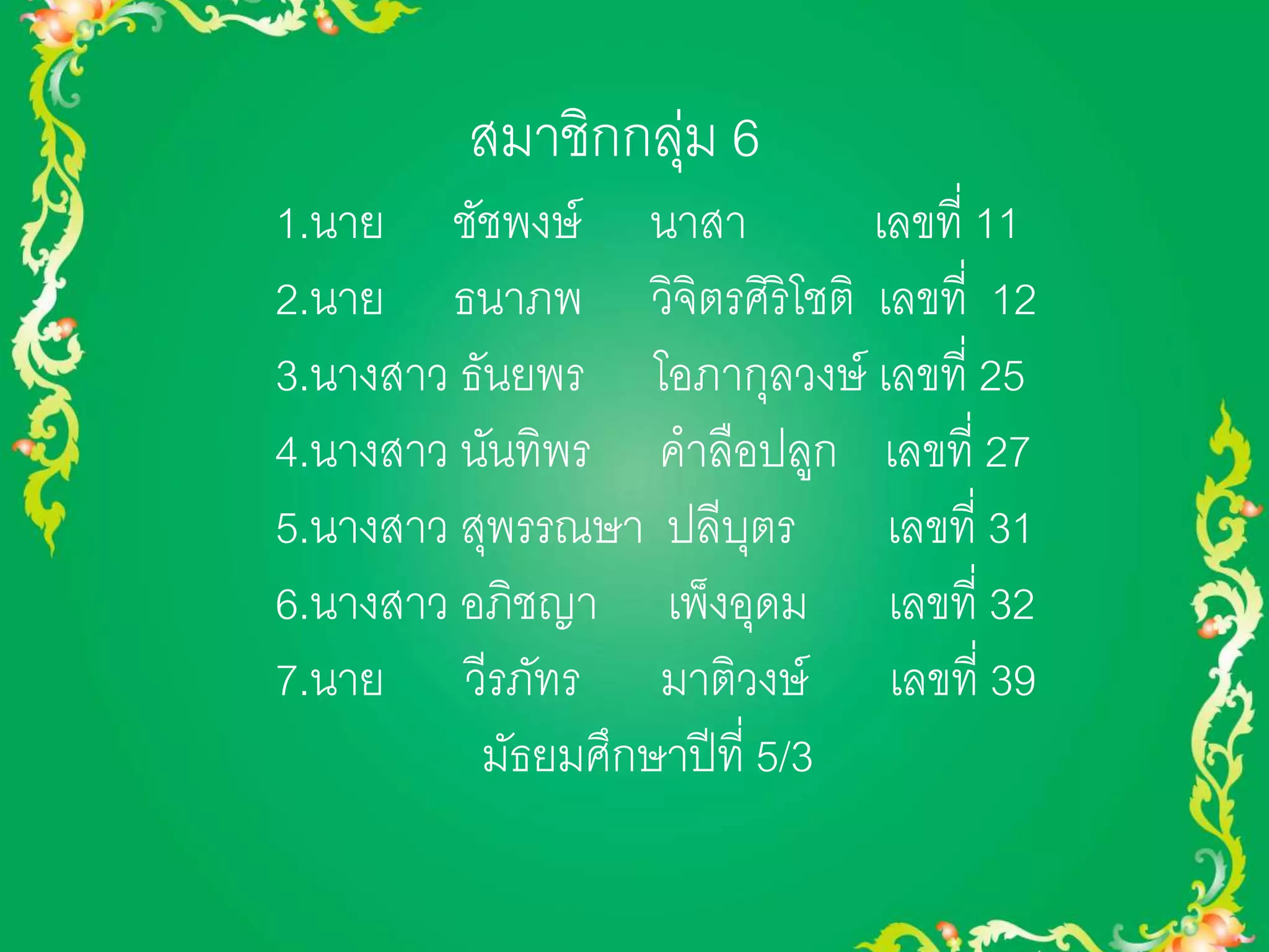 สมาชิกกลุ่ม 6 
1.นาย ชัชพงษ์ นาสา เลขที่ 11 
2.นาย ธนาภพ วิจิตรศิริโชติ เลขที่ 12 
3.นางสาว ธันยพร โอภากุลวงษ์ เลขที่ 25 
4.นางสาว นันทิพร คาลือปลูก เลขที่ 27 
5.นางสาว สุพรรณษา ปลีบุตร เลขที่ 31 
6.นางสาว อภิชญา เพ็งอุดม เลขที่ 32 
7.นาย วีรภัทร มาติวงษ์ เลขที่ 39 
มัธยมศึกษาปีที่ 5/3 
