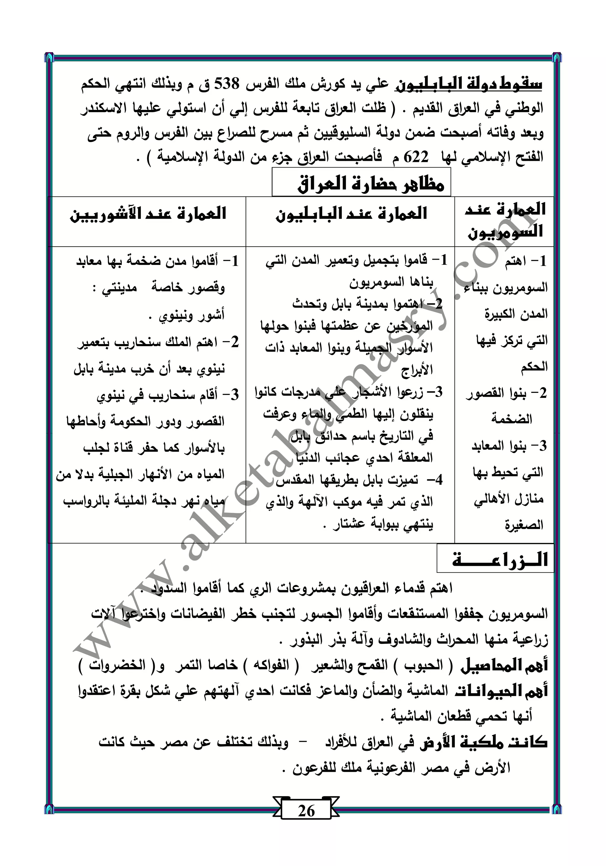 26 
سقوط دولة البابليون علي يد كورش ملك الفرس 530 ق م وبذلك انتهي الحكم 
الوطني في الع ا رق القديم . ) ظلت الع ا رق تابعة للفرس إلي أن استولي عليها الاسكندر 
وبعد وفاته أصبحت ضمن دولة السليوقيين ثم مسرح للص ا رع بين الفرس والروم حتى 
الفتح الإسلامي لها 622 م فأصبحت الع ا رق جزء من الدولة الإسلامية ( . 
مظاهر حضارة العراق 
العمارة عند 
السومريون 
العمارة عند البابليون العمارة عند الآشوريين 
1 اهتم - 
السومريون ببناء 
المدن الكبيرة 
التي تركز فيها 
الحكم 
2 بنوا القصور - 
الضخمة 
3 بنوا المعابد - 
التي تحيط بها 
منازل الأهالي 
الصغيرة 
1 قاموا بتجميل وتعمير المدن التي - 
بناها السومريون 
2 اهتموا بمدينة بابل وتحدث – 
المؤرخين عن عظمتها فبنوا حولها 
الأسوار الجميلة وبنوا المعابد ذات 
الأب ا رج 
3 زرعوا الأشجار علي مدرجات كانوا – 
ينقلون إليها الطمي والماء وعرفت 
في التاريخ باسم حدائق بابل 
المعلقة احدي عجائب الدنيا 
4 تميزت بابل بطريقها المقدس – 
الذي تمر فيه موكب اآللهة والذي 
ينتهي ببوابة عشتار . 
1 أقاموا مدن ضخمة بها معابد - 
وقصور خاصة مدينتي : 
أشور ونينوي . 
2 اهتم الملك سنحاريب بتعمير - 
نينوي بعد أن خرب مدينة بابل 
3 أقام سنحاريب في نينوي - 
القصور ودور الحكومة وأحاطها 
بالأسوار كما حفر قناة لجلب 
المياه من الأنهار الجبلية بدلا من 
مياه نهر دجلة المليئة بالرواسب 
الـــزراعــــــــة 
اهتم قدماء الع ا رقيون بمشروعات الري كما أقاموا السدود . 
السومريون جففوا المستنقعات وأقاموا الجسور لتجنب خطر الفيضانات واخترعوا آلات 
ز ا رعية منها المح ا رث والشادوف وآلة بذر البذور . 
أهم المحاصيل ) الحبوب ( القمح والشعير ) الفواكه ( خاصا التمر و) الخضروات ( 
أهم الحيوانات الماشية والضأن والماعز فكانت احدي آلهتهم علي شكل بقرة اعتقدوا 
أنها تحمي قطعان الماشية . 
كانت ملكية الأرض في الع ا رق للأف ا رد وبذلك تختلف عن مصر حيث كانت - 
الأرض في مصر الفرعونية ملك للفرعون . 
 