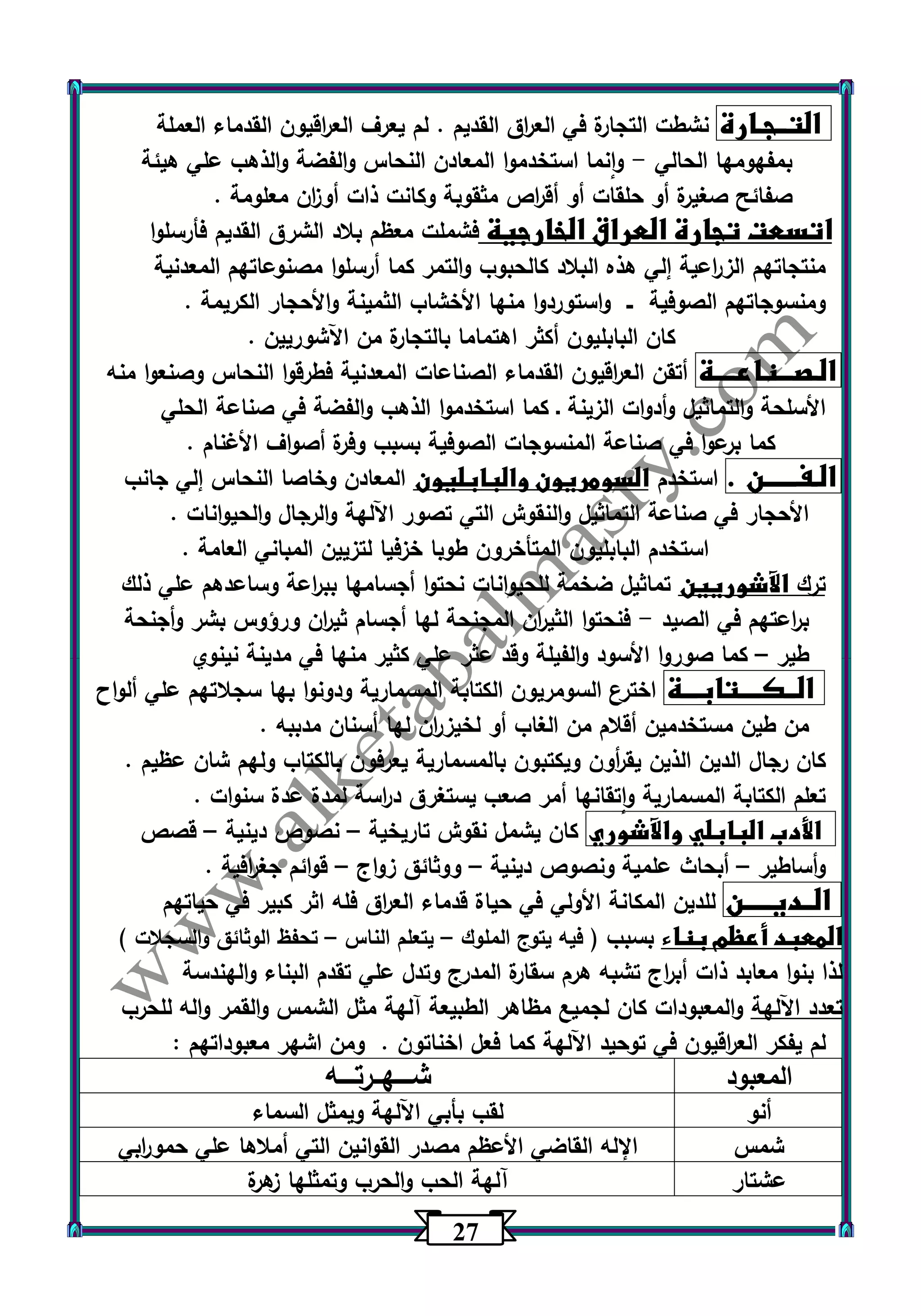 27 
التــجـارة نشطت التجارة في الع ا رق القديم . لم يعرف الع ا رقيون القدماء العملة 
بمفهومها الحالي وانما استخدموا المعادن النحاس والفضة والذهب علي هيئة - 
صفائح صغيرة أو حلقات أو أق ا رص مثقوبة وكانت ذات أو ا زن معلومة . 
اتسعت تجارة العراق الخارجية فشملت معظم بلاد الشرق القديم فأرسلوا 
منتجاتهم الز ا رعية إلي هذه البلاد كالحبوب والتمر كما أرسلوا مصنوعاتهم المعدنية 
ومنسوجاتهم الصوفية ــ واستوردوا منها الأخشاب الثمينة والأحجار الكريمة . 
كان البابليون أكثر اهتماما بالتجارة من اآلشوريين . 
الـصـــناعــــة أتقن الع ا رقيون القدماء الصناعات المعدنية فطرقوا النحاس وصنعوا منه 
الأسلحة والتماثيل وأدوات الزينة ـ كما استخدموا الذهب والفضة في صناعة الحلي 
كما برعوا في صناعة المنسوجات الصوفية بسبب وفرة أصواف الأغنام . 
الـفــــــن . استخدم السومريون والبابليون المعادن وخاصا النحاس إلي جانب 
الأحجار في صناعة التماثيل والنقوش التي تصور اآللهة والرجال والحيوانات . 
استخدم البابليون المتأخرون طوبا خزفيا لتزيين المباني العامة . 
ترك الآشوريين تماثيل ضخمة للحيوانات نحتوا أجسامها بب ا رعة وساعدهم علي ذلك 
ب ا رعتهم في الصيد فنحتوا الثي ا رن المجنحة لها أجسام ثي ا رن ورؤوس بشر وأجنحة - 
طير كما صوروا الأسود والفيلة وقد عثر علي كثير منها في مدينة نينوي – 
الــكــــتابـــة اخترع السومريون الكتابة المسمارية ودونوا بها سجلاتهم علي ألواح 
من طين مستخدمين أقلام من الغاب أو لخيز ا رن لها أسنان مدببه . 
كان رجال الدين الذين يق أ رون ويكتبون بالمسمارية يعرفون بالكتاب ولهم شان عظيم . 
تعلم الكتابة المسمارية واتقانها أمر صعب يستغرق د ا رسة لمدة عدة سنوات . 
الأدب البابلي والآشوري كان يشمل نقوش تاريخية نصوص دينية قصص – – 
وأساطير أبحاث علمية ونصوص دينية ووثائق زواج قوائم جغ ا رفية . – – – 
الــديـــــن للدين المكانة الأولي في حياة قدماء الع ا رق فله اثر كبير في حياتهم 
المعبد أعظم بناء بسبب ) فيه يتوج الملوك يتعلم الناس تحفظ الوثائق والسجلات ( – – 
لذا بنوا معابد ذات أب ا رج تشبه هرم سقارة المدرج وتدل علي تقدم البناء والهندسة 
تعدد اآللهة والمعبودات كان لجميع مظاهر الطبيعة آلهة مثل الشمس والقمر واله للحرب 
لم يفكر الع ا رقيون في توحيد اآللهة كما فعل اخناتون . ومن اشهر معبوداتهم : 
المعبود شــــهــرتــــه 
أنو لقب بأبي اآللهة ويمثل السماء 
شمس الإله القاضي الأعظم مصدر القوانين التي أملاها علي حمو ا ربي 
عشتار آلهة الحب والحرب وتمثلها زهرة 
 