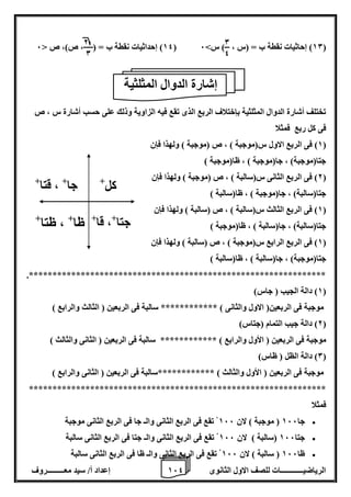 1 إعداد أ/ سيد معـــــــــروف 6 الرياضيــــــــــــات للصف الاول الثانوى 4 
14 ( إحداثيات نقطة ب = ) ، ص(، ص > 6 ( 10 ( إحاثيات نقطة ب = )س ، ( س< 6 ( 
تختلف أشارة الدوال المثلثية بإختلاف الربع الذى تقع فيه الزاوية وذلك على حسب أشارة س ، ص 
فى كل ربع فمثلا 
1( فى الربع الاول س)موجبة ( ، ص )موجبة ( ولهذا فإن ( 
جتا)موجبة( ، جا)موجبة ( ، ظا)موجبة ( 
2( فى الربع الثانى س)سالبة ( ، ص )موجبة ( ولهذا فإن ( 
جتا)سالبة( ، جا)موجبة ( ، ظا)سالبة ( 
1( فى الربع الثالث س)سالبة ( ، ص )سالبة ( ولهذا فإن ( 
جتا)سالبة( ، جا)سالبة ( ، ظا)موجبة ( 
1( فى الربع الرابع س)موجبة ( ، ص )سالبة ( ولهذا فإن ( 
جتا)موجبة( ، جا)سالبة ( ، ظا)سالبة ( 
.*************************************************************** 
1( دالة الجيب ) جاس( ( 
موجبة فى الربعين) الاول والثانى ( ************ سالبة فى الربعين ) الثالث والرابع ( 
2( دالة جيب التمام )جتاس( ( 
موجبة فى الربعين ) الأول والرابع ( ************ سالبة فى الربعين ) الثانى والثالث ( 
0( دالة الظل ) ظاس( ( 
موجبة فى الربعين ) الأول والثالث ( ************سالبة فى الربعين ) الثانى والرابع ( 
*************************************************************** 
فمثلا 
 جا 166 ) موجبة ( لان 166 تقع فى الربع الثانى والـ جا فى الربع الثانى موجبة 
 جتا 166 )سالبة ( لان 166 تقع فى الربع الثانى والـ جتا فى الربع الثانى سالبة 
 ظا 166 ) سالبة ( لان 166 تقع فى الربع الثانى والـ ظا فى الربع الثانى سالبة 
0 
4 
2 
0 
إشارة الدوال المثلثية 
كل+ 
جا+ ، قتا+ 
ظا+ ، ظتا+ 
جتا+، قا+ 
 